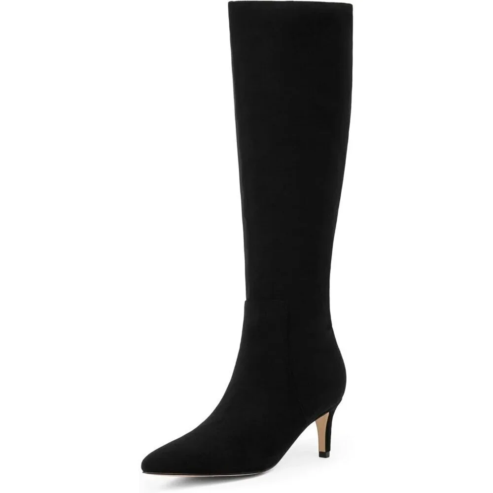 Women's Black Tall Boots Pointed Toe Kitten Heel Side Zipper Knee High Boots